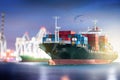 Container Cargo ship with ports crane bridge in harbor and Cargo plane for logistic Royalty Free Stock Photo