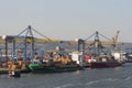 Container carriers alongside unloading containers in Belfast Harbour, UK Royalty Free Stock Photo