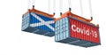 Container with Coronavirus Covid-19 text on the side and container with Scotland Flag.