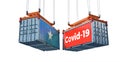 Container with Coronavirus Covid-19 text on the side and container with Somalia Flag.