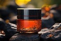 container for cosmetics on the background of a frozen volcanic lava