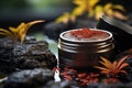 container for cosmetics on the background of a frozen volcanic lava