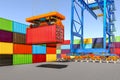 Container crane with cargo container in container terminal, 3D rendering