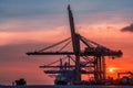 Container crane cargo freight ship with working crane loading bridge containers in shipyard at dock yard for logistic import and e Royalty Free Stock Photo