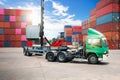 Container Crane Tractor Lifting up Container Box on Trailer Truck. Cargo Container ships, Freight Trucks Import-Export.