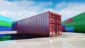 Container depot, wharehouse, seaport. Aeril view. Cargo containers. Logistic and business concept. 3d rendering.