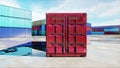 Container in depot, wharehouse, seaport. Cargo containers. Logistic and business concept. Realistic 4k animation.