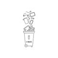 Container dumpster with e-waste electronic garbage sorting and recycling. Vector black white contour doodle isolated