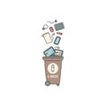 Container dumpster with e-waste electronic garbage sorting and recycling. Vector contour doodle isolated illustration. Royalty Free Stock Photo