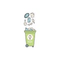 Container dumpster with glass garbage sorting and recycling. Vector contour doodle isolated illustration.