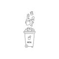 Container dumpster with metal garbage sorting and recycling. Vector contour black white doodle isolated illustration.