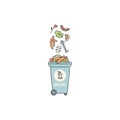 Container dumpster with organic leftovers garbage sorting and recycling. Vector contour doodle isolated illustration.