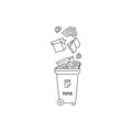Container dumpster with paper garbage sorting and recycling. Vector black white contour doodle isolated illustration.