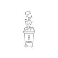 Container dumpster with plastic garbage sorting and recycling. Vector black white contour doodle isolated illustration.