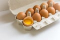 Container with eggs, one egg broken Royalty Free Stock Photo