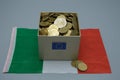 A container, with the emblem of the European Union, full of euro coins, on top of an Italian flag. Economic recovery concept