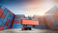 Container handler forklift lifting in shipping yard with stack of colorful containers box background, copy space, Logistics import Royalty Free Stock Photo