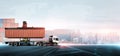 Container handler forklift loading at the docks to truck with stack of colorful containers box background and copy space, Cargo