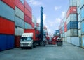 Container handlers put containers into work trucks in the harbor Royalty Free Stock Photo