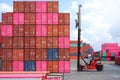 Container handlers and trucks In the loading and unloading yard Royalty Free Stock Photo