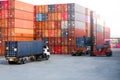 Container handlers and trucks In the loading and unloading yard Royalty Free Stock Photo