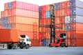 Container handlers and trucks In the loading and unloading yard Royalty Free Stock Photo