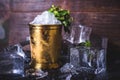 A container with ice stands among ice cubes and mint. Royalty Free Stock Photo