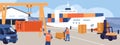 Container loading at seaport. Cargo ships. Loaders in port warehouse. Uniformed workers. Logistic and delivery. Bulk