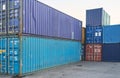 Container, logistics and port at storage in shipyard for global supply chain on sea. Shipping, cargo and transport