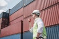 Container Logistics Shipping Management of Transportation Industry, Transport Engineer Managing Control Via Walkie Talkie in