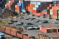 Container, lumber and train in port Royalty Free Stock Photo