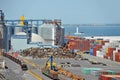 Container, lumber and train in port Royalty Free Stock Photo