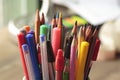 Container with pens and pencils Royalty Free Stock Photo