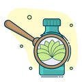 container with pills and magnifying lens with leaves, the concept of natural medicines and homeopathy