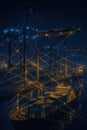 Container port at night with glowing network lines connecting cargo ships and cranes, representing synchronized smart logistics Royalty Free Stock Photo