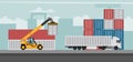 Container port terminal design background for export. Container trucks working