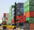 Container reach stacker moving containers around at Southampton docks UK