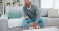 Container, senior black man and organise pills tablet, health medication or pharmaceutical prescription. Home sofa Royalty Free Stock Photo