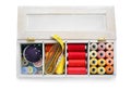 Container with set of color sewing threads Royalty Free Stock Photo