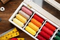 Container with set of color sewing threads Royalty Free Stock Photo