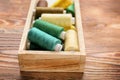 Container with set of color sewing threads Royalty Free Stock Photo