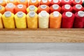 Container with set of color sewing threads Royalty Free Stock Photo
