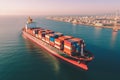 A Container ship aerial drone view, sea freight business logistics, export and import, shipping cargo boat transpor Royalty Free Stock Photo