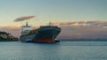 A container ship arriving in Port Nelson, New Zealand