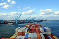 Container ship arriving to the container terminal in Newark.