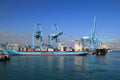 Container ship being loaded in the Mediterranean port of Algeciras, Spain.