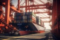 Container ship at the berth in cargo terminal of the port under loading. Port cranes load containers, place them on the Royalty Free Stock Photo