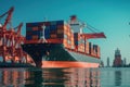 Container ship at the berth in cargo terminal of the port under loading. Port cranes load containers, place them in rows Royalty Free Stock Photo