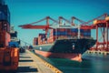 Container ship at the berth in cargo terminal of the port under loading. Port cranes load containers, place them in rows Royalty Free Stock Photo