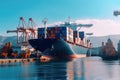 Container ship at the berth in cargo terminal of the port under loading. Port cranes load containers, place them in rows Royalty Free Stock Photo